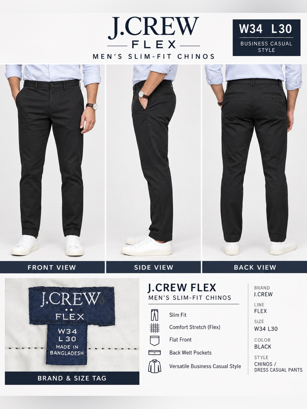 J.Crew Flex Slim Chino Pants Men’s 34x30 Black Stretch Cotton Dress Casual